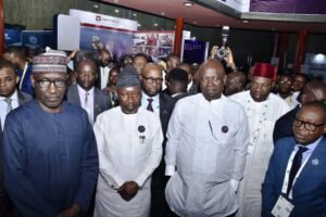 From right- Hon. Minister of State, Petroleum Resources (Oil) Sen.Heineken Lokpobiri Ph.D;Permanent Secretary in the Ministry, Amb. Nicholas Agbo Ella and Hon. Minister of State Petroleum Resources(Gas), Rt. Hon. Ekperikpe Ekpo, listening to presentations during a guided tour of Exhibition Stands at the 2024 Nigerian International Energy Summit holding at the International Conference(ICC), Abuja.