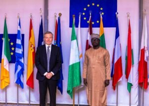 L-R: Ambassador-Designate of the EU and ECOWAS, Mr. Gautier Mignot and the Honourable Minister, Federal Ministry of Youth Development, Comrade Ayodele Olawande, during the visit to the EU Embassy in Abuja.
