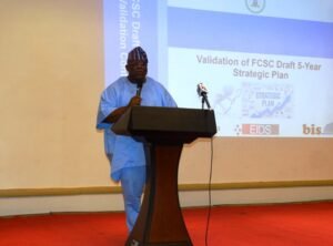 Hon. Chairman, Federal Civil Service Commission (FCSC), Prof. Tunji Olaopa,, during his remarks at the FCSC Strategic Planning Stakeholders Validation Conference at Abuja Continental Hotel (former Sheraton Hotel), Abuja.