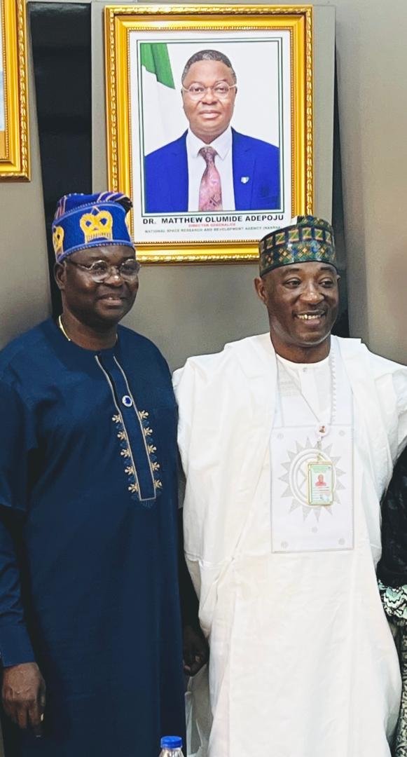 The Executive Director, Nigeria Integrated Water Resources Management Commission (NIWRMC) Dr. Abdulmumini Aminu Zaria (R) with Director General, National Space Research and Development Agency (NASRDA), DR. Mathew Olumide Adepoju (L) at NASRDA in Abuja