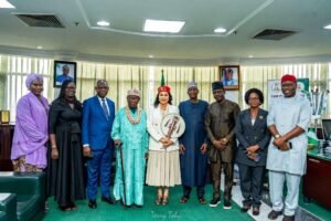 From L -R: 1. The Permanent Secretary Special Duties Federal Ministry of Finance Mr Raymond Omenka Omachi, 2. Mr Ayo Gbeleyi, Director General, Bureau of Public Enterprises, 3. The Honourable Minister of State for Finance Dr Doris Uzoka-Anite, 4. The Honourable Minister of Finance and Coordinating Minister of the Economy Mr Wale Edun, 5. Mrs Olu Verheijen, SA Energy to the President, and 6. Dr Armstrong Takang, MD MOFI, in a group photograph at the Federal Ministry of Finance Headquarters, Abuja, shortly after the conferment of the esteemed chieftaincy title of Ada Ukwu Ndi Orlu Zone by His Imperial Majesty, Eze (Dr) Thomas Obiwuru Obiefule, the Paramount Ruler of Umudioka Ancient Kingdom, Orlu Local Government Area of Imo State.