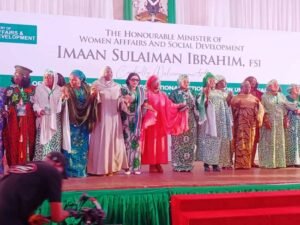 The representative of the First Lady of Nigeria, Hajia Laila Barau, Wife of the Deputy Senate President, the Honourable Minister of Women Affairs and Social Development, Hajiya Imaan Suleiman brahim fsi, the Permanent Secretary of the Ministry, Mrs. Esuabana Nko Asanye with other dignitaries in a group photograph during the event held at the State House Banquet Hall, Abuja