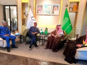R-L Saudi Arabian Minister of Industry and Mineral Resources, Ibrahim Al-Khorayef; Minister of Solid Minerals Development, Dr. Dele Alake during the minister’s courtesy visit to his Saudi Arabian counterpart ahead of the Future Minerals Forum (FMF), Riyadh, Saudi Arabia