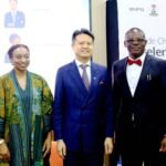 The Hon. Min. FMITI, Dr. Jumoke Oduwole MFR, (left) the Perm. Sec. FMITI,Dr. Chris Osa Isokpunwu (right) and DG WIPO, Mr Daren Tang , (middle) during a Roundtable Discussion on Accelerating Nigeria's Innovation Ecosystem, held at the Innovation Hub Airport Road Abuja